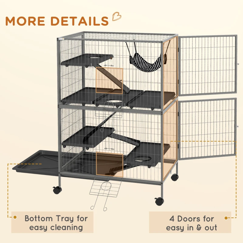 PawHut 50" H Rolling Small Animal Cage with Hammock, Ferret Cage, Chinchilla Cage, Pet Habitat with 4 Doors, Removable Tray