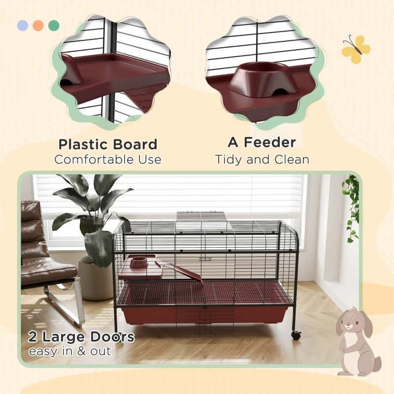 PawHut 48" L Small Animal Cage, Pet Play House for Rabbit Hutch or Ferret with Feeder, Rolling Wheels, Platform, Ramp