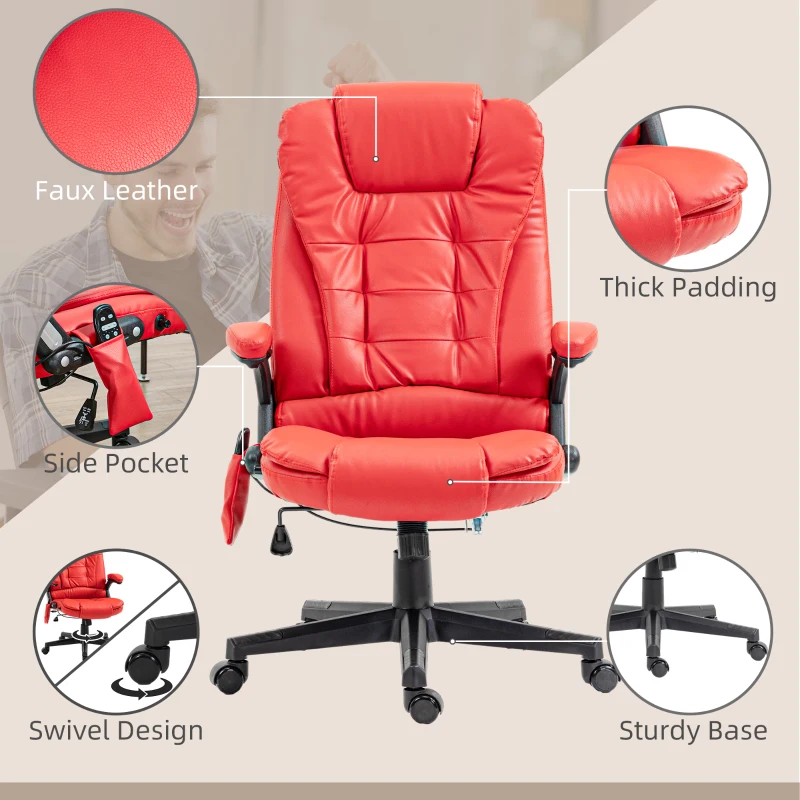 HOMCOM Massage Office Chair, Heated Reclining Computer Chair with 6 Vibration Points, Armrest and Remote, Red