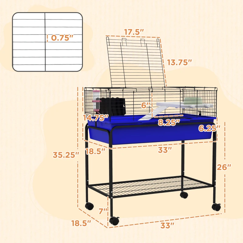 PawHut Two-Story Small Animal Cage Removable from Stand, Pet Habitat with Shelf & Wheels, 33" x 18.5" x 35", Blue