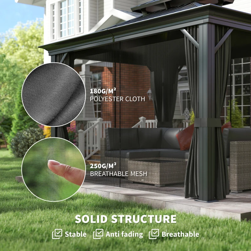 Outsunny 10' x 12' Outdoor Hardtop Gazebo with Galvanized Steel Canopy & Netting Sidewalls for Lawn, Backyard, Dark Grey