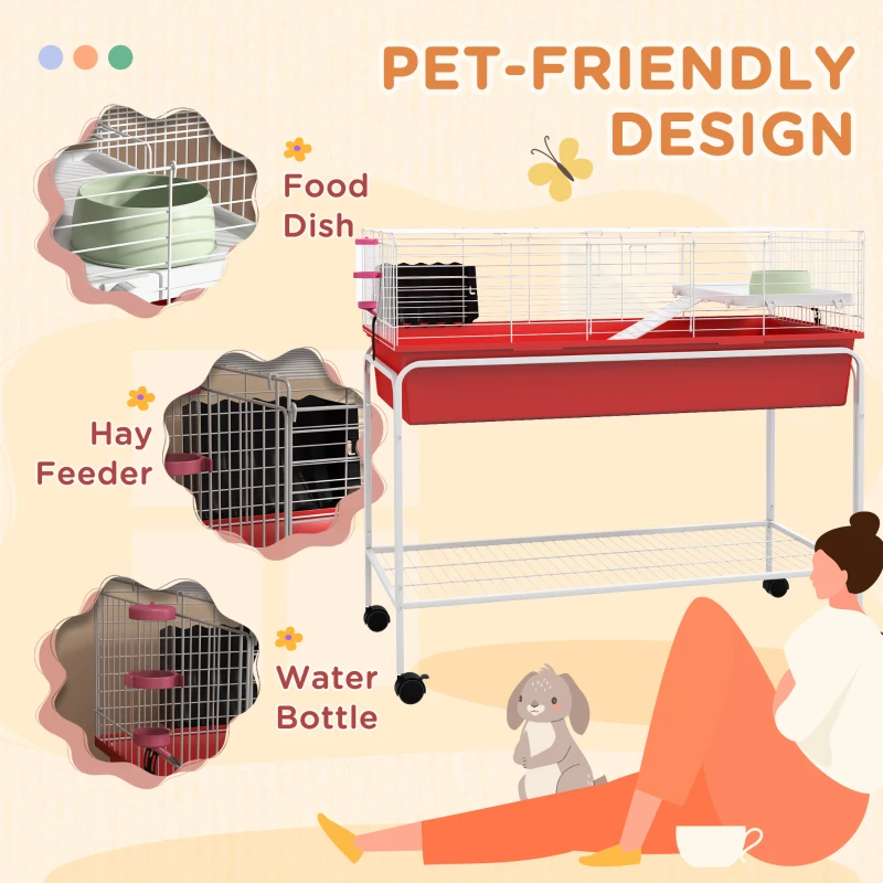 PawHut Two-Story Small Animal Cage Removable from Stand, Pet Habitat with Shelf & Wheels, 39" x 20.5" x 36.5", Red