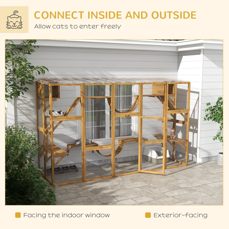 PawHut Catio Playground Cat Window Box Outside Enclosure for Multiple Cats w/ Shelves & Bridges, Yellow