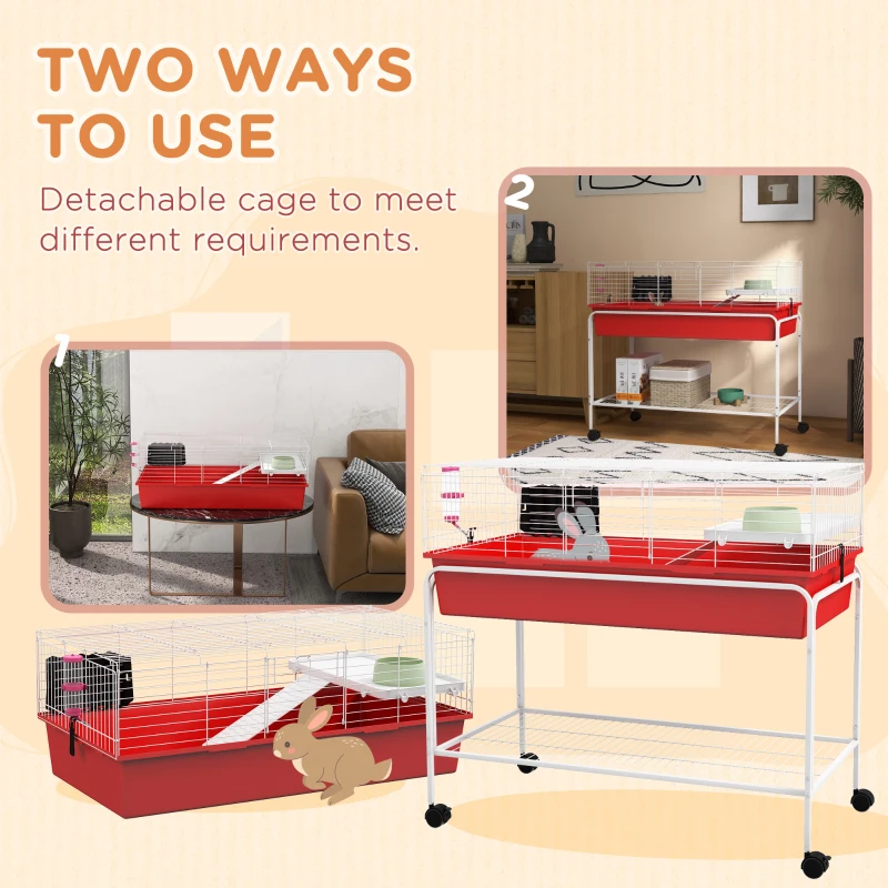 PawHut Two-Story Small Animal Cage Removable from Stand, Pet Habitat with Shelf & Wheels, 39" x 20.5" x 36.5", Red