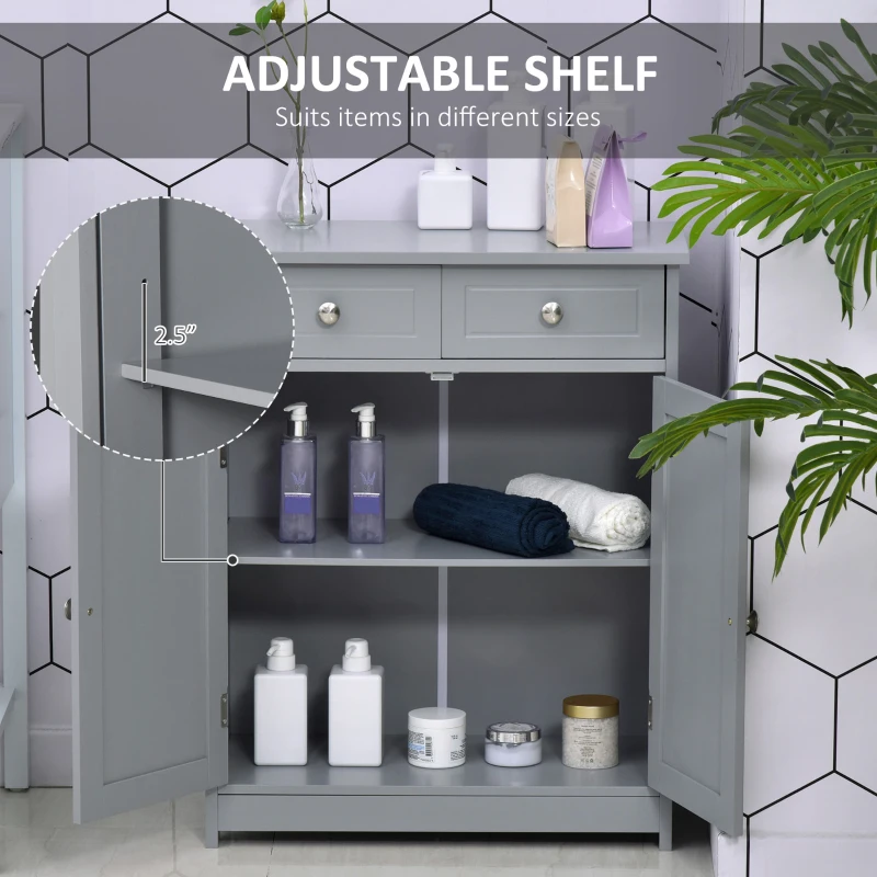 Kleankin Freestanding Bathroom Floor Cabinet, Wooden Bathroom Cabinet with 2 Doors, 2 Drawers and Adjustable Shelf, Gray