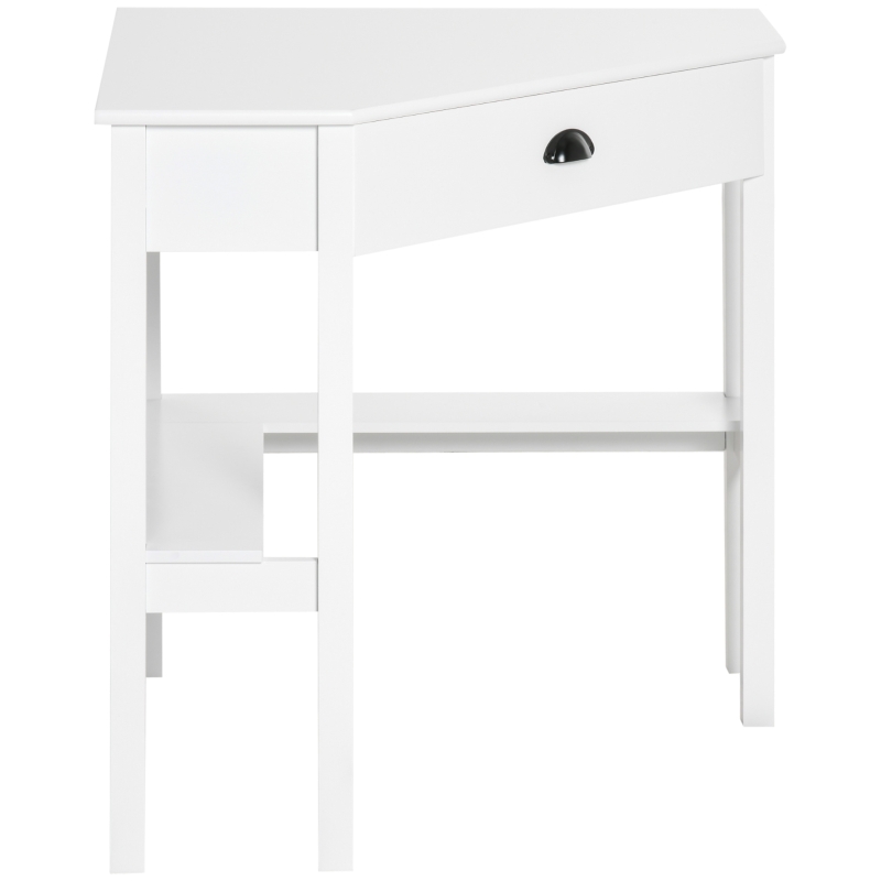 HOMCOM Corner Desk, Triangle Computer Desk with Drawer and Storage Shelves for Small Spaces, Home Office Workstation for Living Room, or Bedroom, White