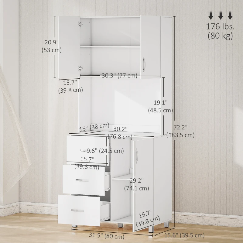HOMCOM Freestanding Kitchen Buffet with Hutch Storage Organizer with 2 Door Cabinets, 3 Drawers and Open Countertop, Adjustable Shelf for Dining Room Pantry, White