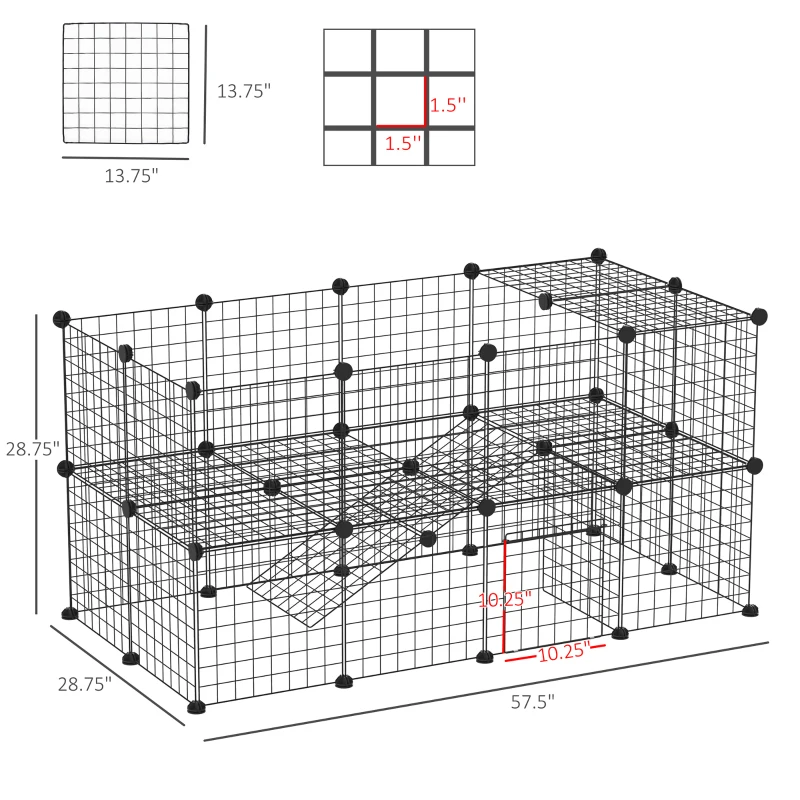 PawHut 36 Panels Small Animal Playpen with Door, DIY C & C Cage for Guinea Pigs with Ramp, Portable Metal Wire Yard for Rabbit, Hedgehogs, 14 x 14 in