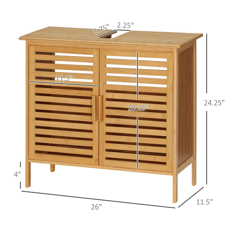 kleankin Freestanding Bathroom Sink Cabinet, Bamboo Under Sink Cabinet Cupboard Organizer with 2 Slatted Doors, Natural