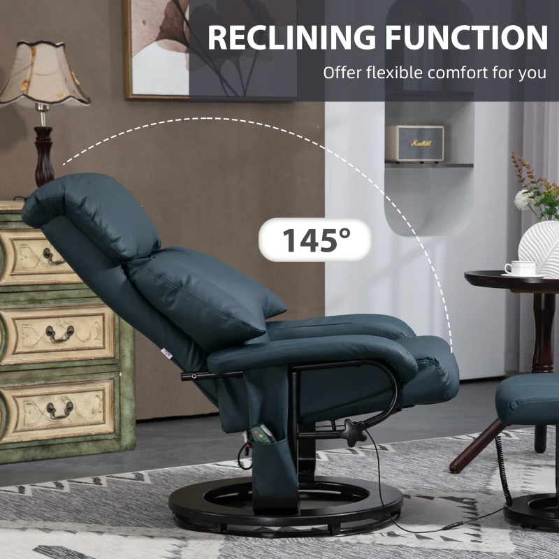HOMCOM Swivel Recliner with Ottoman, Faux Leather Reclining Chair with Massage, Footstool Remote and Side Pocket, Blue