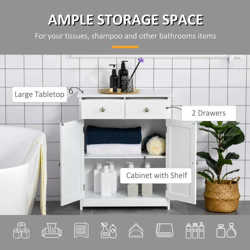 Kleankin Freestanding Bathroom Floor Cabinet, Wooden Bathroom Cabinet with 2 Doors, 2 Drawers and Adjustable Shelf, White