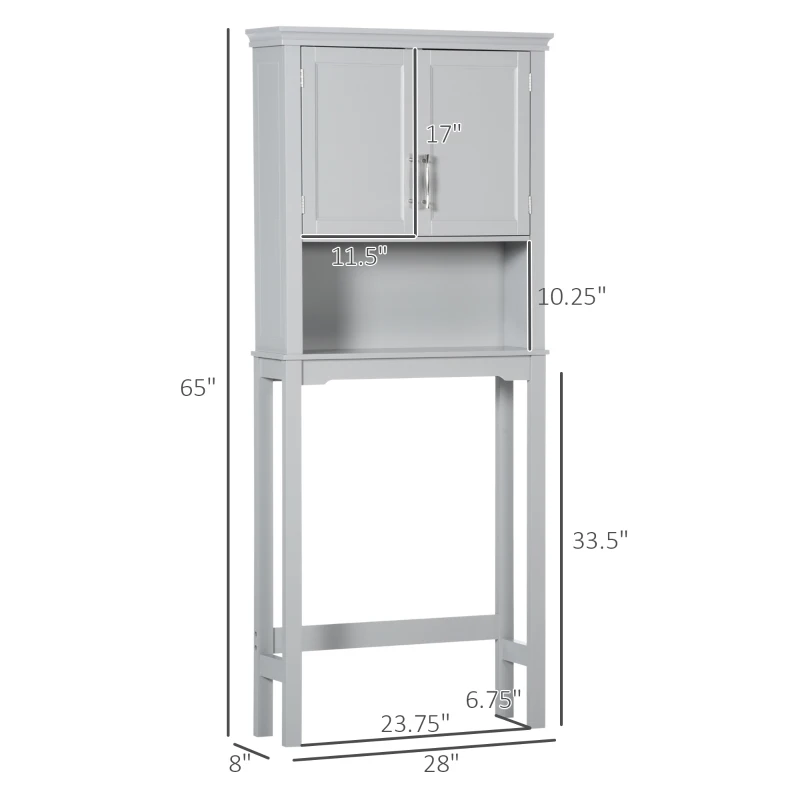 kleankin Modern Over The Toilet Storage Cabinet, Double Door Bathroom Organizer with Inner Adjustable Shelf and Open Shelf, Gray
