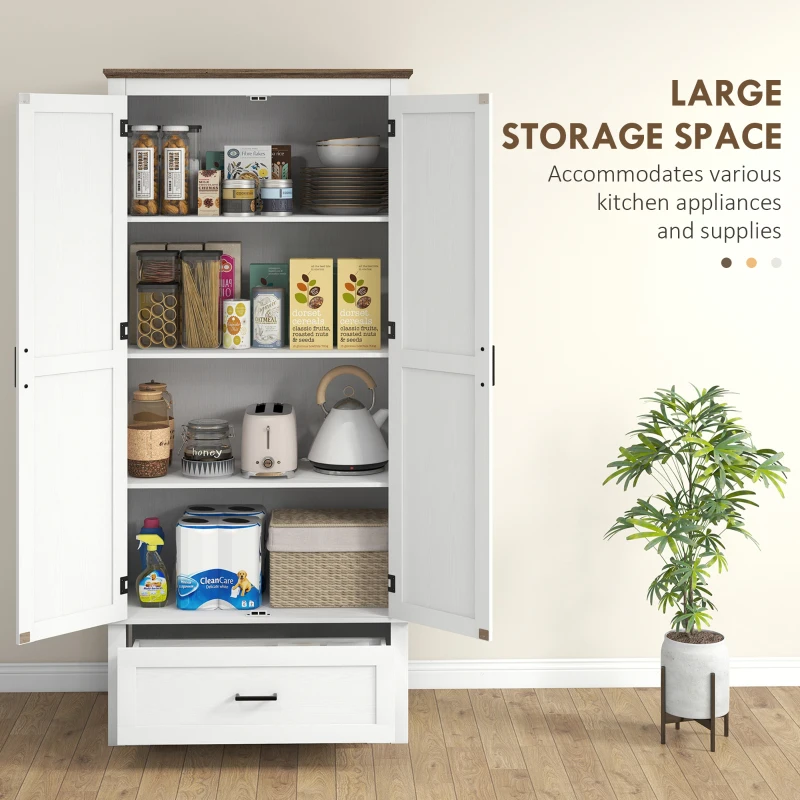 HOMCOM 69" Tall Farmhouse Kitchen Pantry Cabinet with 2 Doors, Drawer and Adjustable Shelves for Dining Room, White