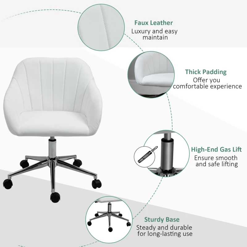 Vinsetto Mid Back Home Office Chair Computer Desk Chair with PU Leather, Adjustable Height, Swivel Wheels for Study, Bedroom, White