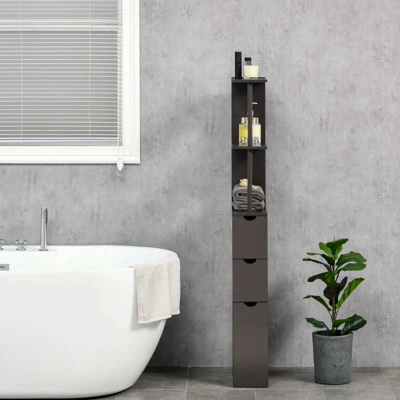 HOMCOM 54" Tall Bathroom Storage Cabinet, Freestanding Linen Tower with 2-Tier Shelf and Drawers, Narrow Side Floor Organizer, Brown