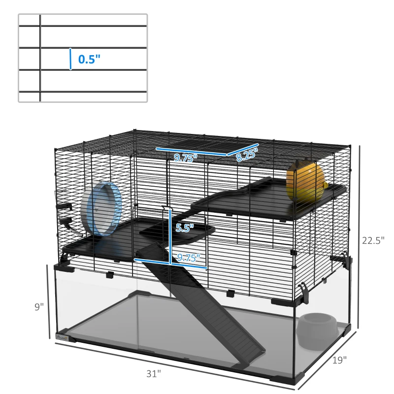 PawHut 31" Hamster Cage, Gerbil Cage with Glass Basin for Small Hamsters, Black
