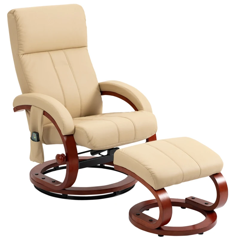 HOMCOM Recliner Chair with Ottoman, Electric Faux Leather Recliner with 10 Vibration Points and 5 Massage Mode, Reclining Chair with Remote Control, Swivel Wood Base and Side Pocket, Beige