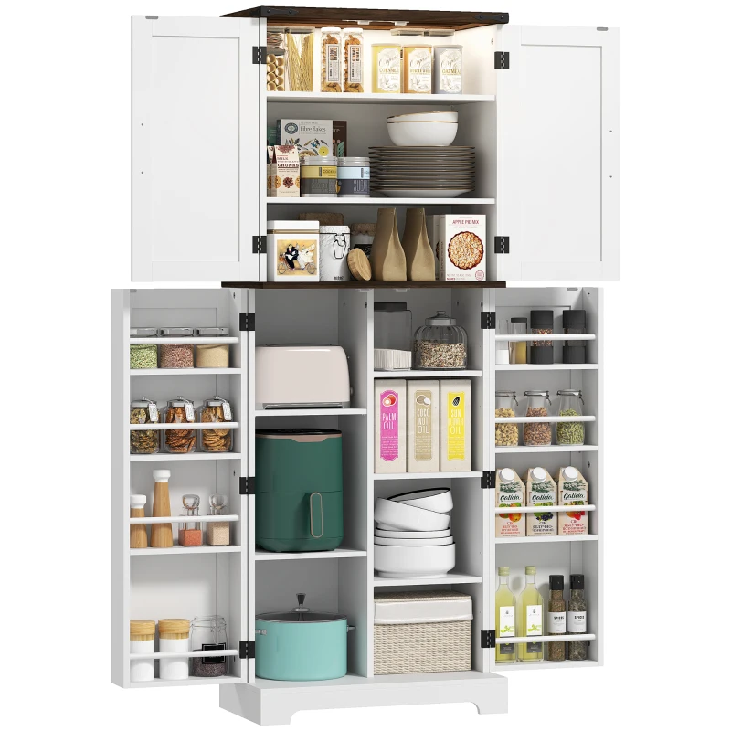 HOMCOM 64" Tall Kitchen Pantry Cabinet with Motion Sensor Light, Spice Racks and Adjustable Shelves, White