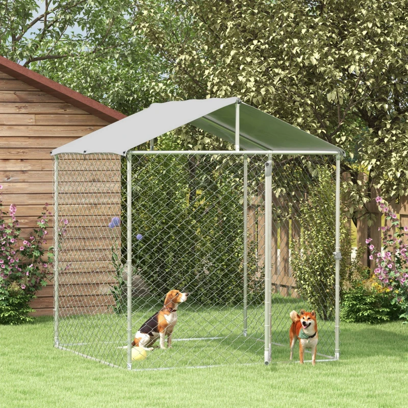 PawHut 6.6' x 6.6' x 7.8' Dog Kennel Outdoor for Small Medium Dogs with Waterproof Roof, Silver