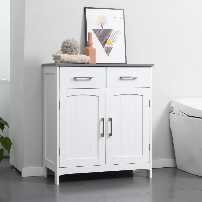 kleankin Bathroom Floor Cabinet, Freestanding Linen Cabinet, Storage Cabinet with 2 Drawers, Double Doors, Adjustable Shelf, White