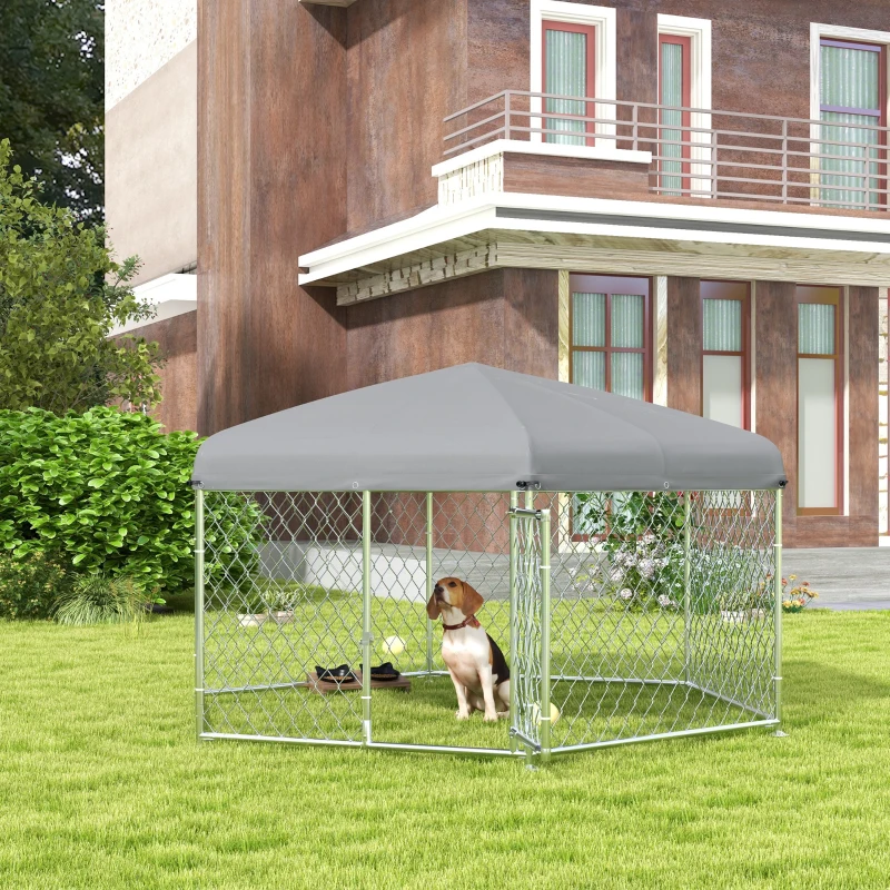 PawHut 6.9' x 6.1' x 4.9' Dog Kennel Outdoor for Medium and Large-Sized Dogs with Waterproof UV Resistant Roof, Silver