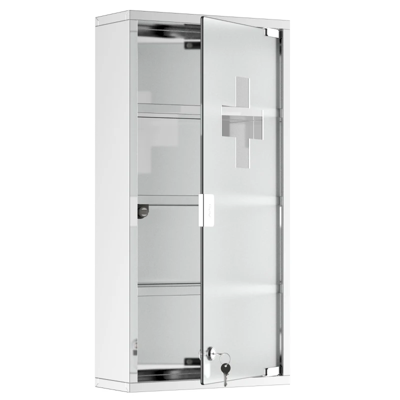 HOMCOM 12" x 24" Lockable Medicine Cabinet, 4 Tier Stainless Steel Medical Wall Box with 2 Keys and Shelves for Bathroom