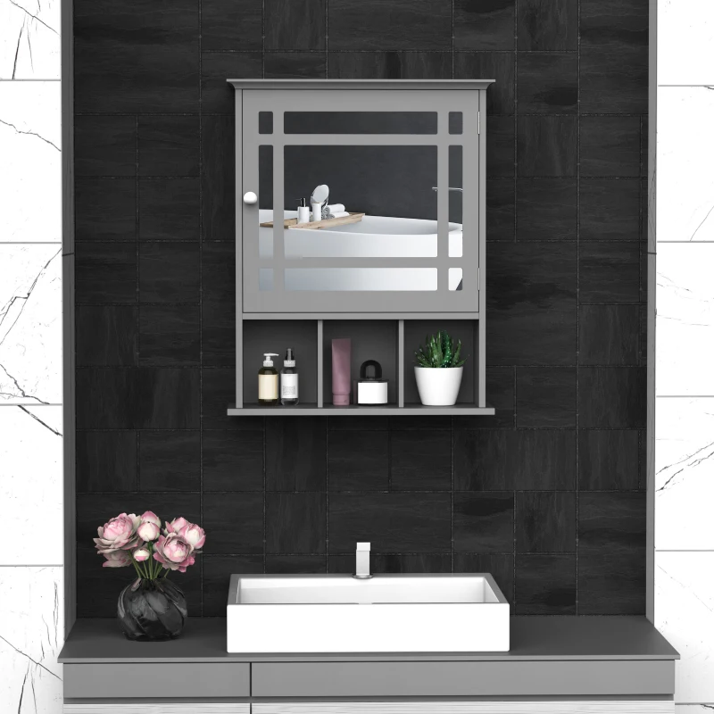 kleankin Bathroom Medicine Cabinet with Mirror, Wall Mounted Mirror Cabinet with Door and Storage Shelves, Gray