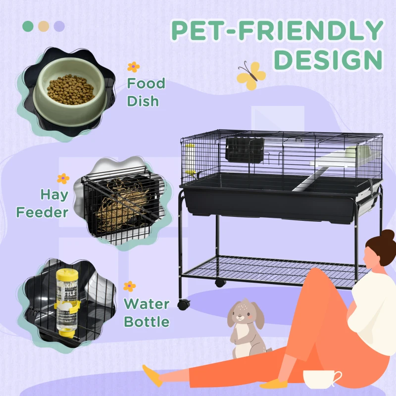 PawHut Two-Story Small Animal Cage Removable from Stand, Guinea Pig Cage with Shelf & Wheels, Pet Habitat for Hedgehog, Chinchilla, Ferret, 39" x 20.5" x 36.5", Black