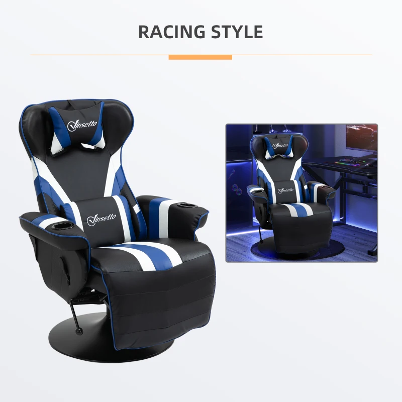 Vinsetto Gaming Chair, Racing Style Computer Recliner with Lumbar Support, Footrest and Cup Holder, Black/White/Blue