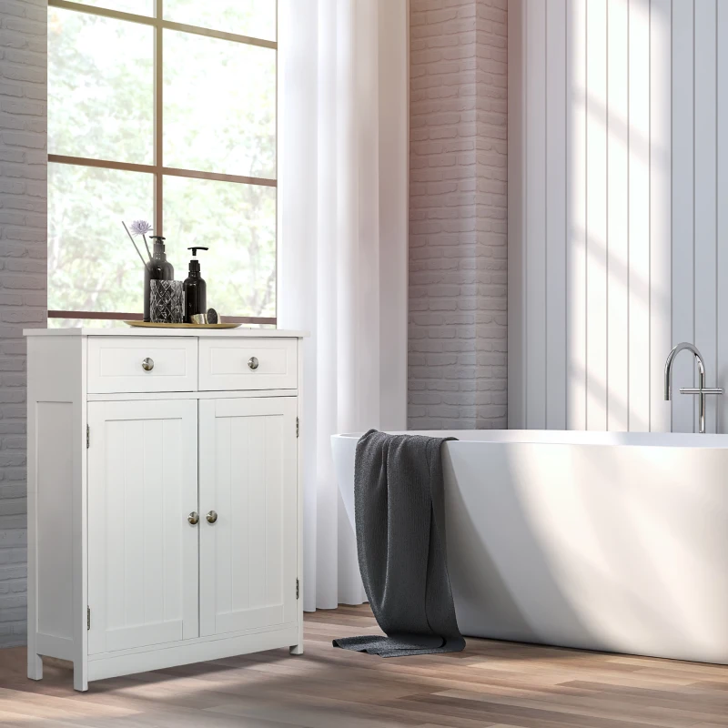 Kleankin Freestanding Bathroom Floor Cabinet, Wooden Bathroom Cabinet with 2 Doors, 2 Drawers and Adjustable Shelf, White