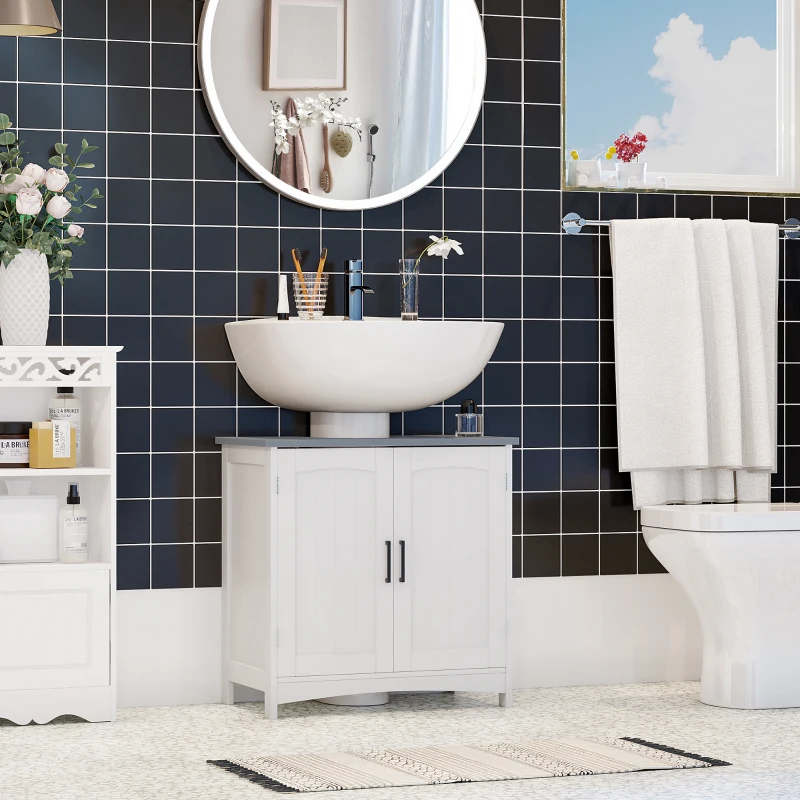 kleankin Pedestal Sink Storage Cabinet, Under Sink Cabinet with Double Doors, Modern Bathroom Vanity Cabinet with Adjustable Shelves, White
