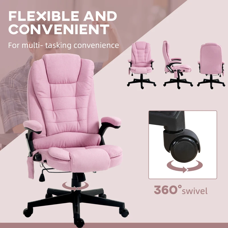 HOMCOM 6 Point Vibrating Massage Office Chair with Heat, Linen High Back Massage Desk Chair with Reclining Backrest, Pink