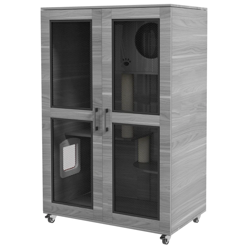 PawHut Cat Tree House with Scratching Post and Wheels, Gray