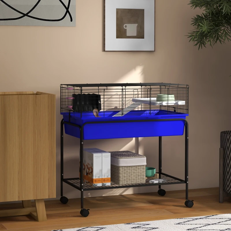 PawHut Two-Story Small Animal Cage Removable from Stand, Pet Habitat with Shelf & Wheels, 33" x 18.5" x 35", Blue