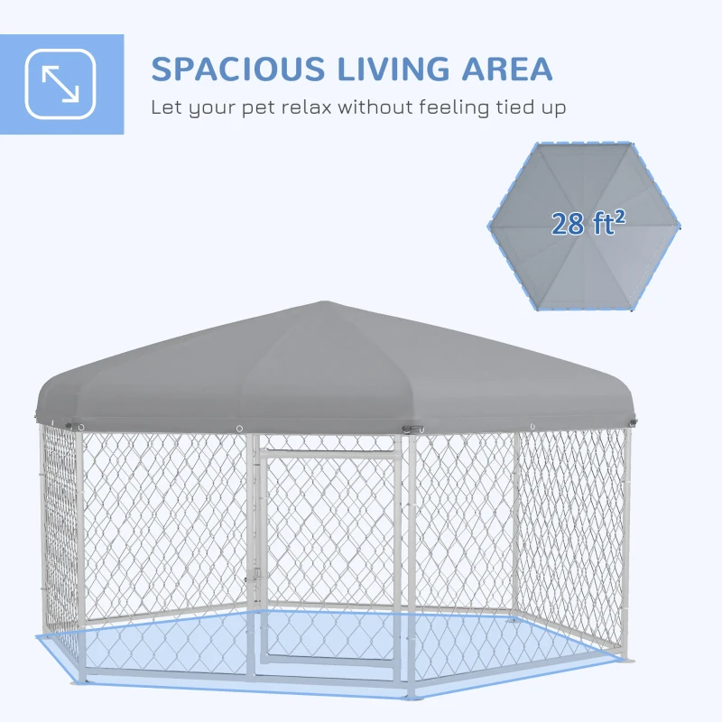 PawHut 6.9' x 6.1' x 4.9' Dog Kennel Outdoor for Medium and Large-Sized Dogs with Waterproof UV Resistant Roof, Silver