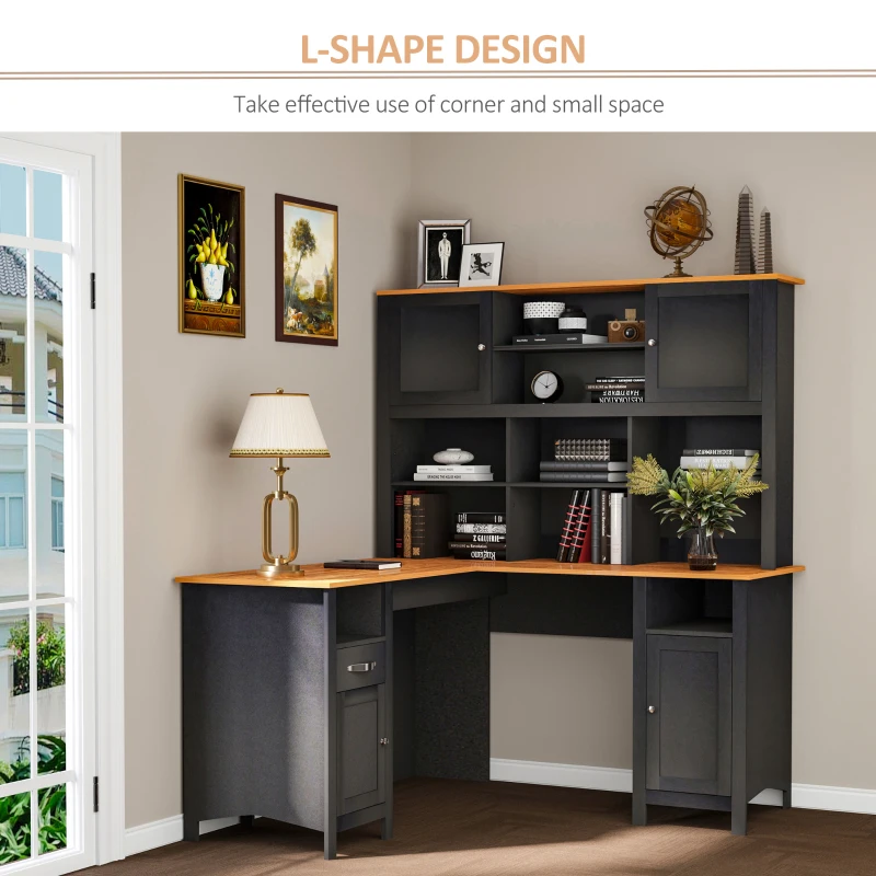 HOMCOM L Shaped Computer Desk with Hutch, 59" Corner Desk, Space Saving Home Office Desk with Storage Shelves, Drawer and Cabinet, Black