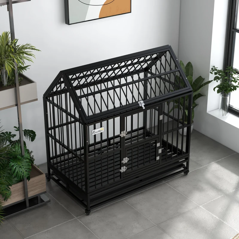 PawHut 48" Heavy Duty Dog Crate with 4 Lockable Wheels, Double Doors, and Removable Tray, for XL and L Dogs