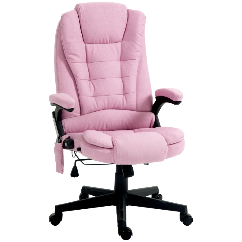 HOMCOM 6 Point Vibrating Massage Office Chair with Heat, Linen High Back Massage Desk Chair with Reclining Backrest, Pink
