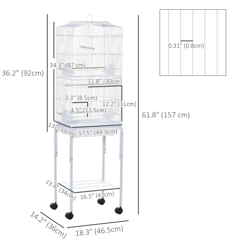 PawHut 62" Rolling Bird Cage Cockatoo House Play Top Finch Pet Supply with Storage Shelf, Wheels - White