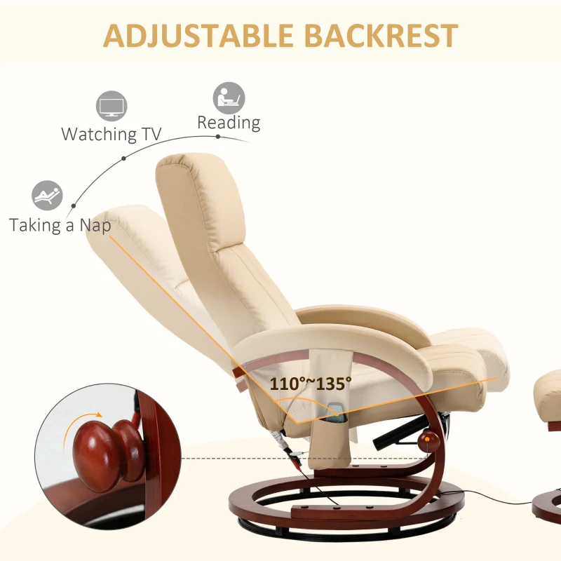 HOMCOM Recliner Chair with Ottoman, Electric Faux Leather Recliner with 10 Vibration Points and 5 Massage Mode, Reclining Chair with Remote Control, Swivel Wood Base and Side Pocket, Beige