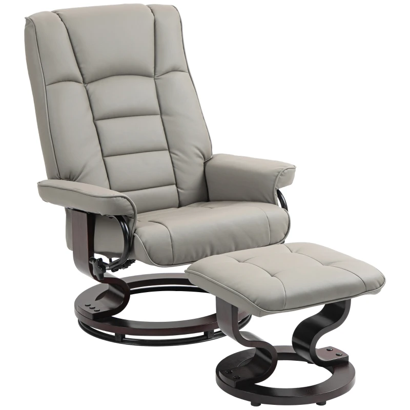 HOMCOM Faux Leather Recliner with Ottoman, Swivel Recliner Chair and Ottoman with High Back and Wood Base, Gray