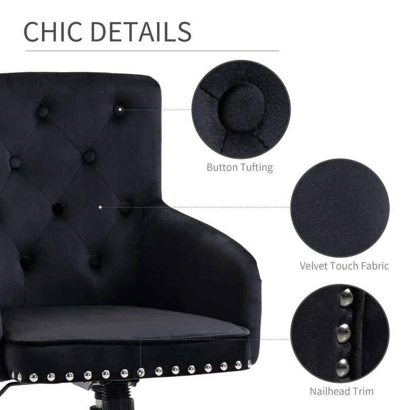 HOMCOM Modern Mid-back Desk Chair with Button Tufted Velvet Back, Nailhead Trim, Swivel Home Office Chair with Adjustable Height, Curved Padded Armrests, Black