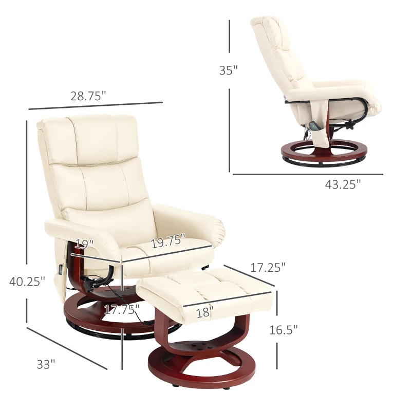 HOMCOM Swivel Recliner with Ottoman Massage, Recliner Chair and Ottoman, Faux Leather Reclining Chair with Remote, Cream White