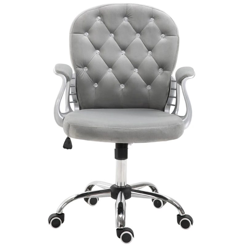 Vinsetto Velvet Home Office Chair, Button Tufted Desk Chair with Padded Armrests, Adjustable Height and Swivel Wheels, Gray