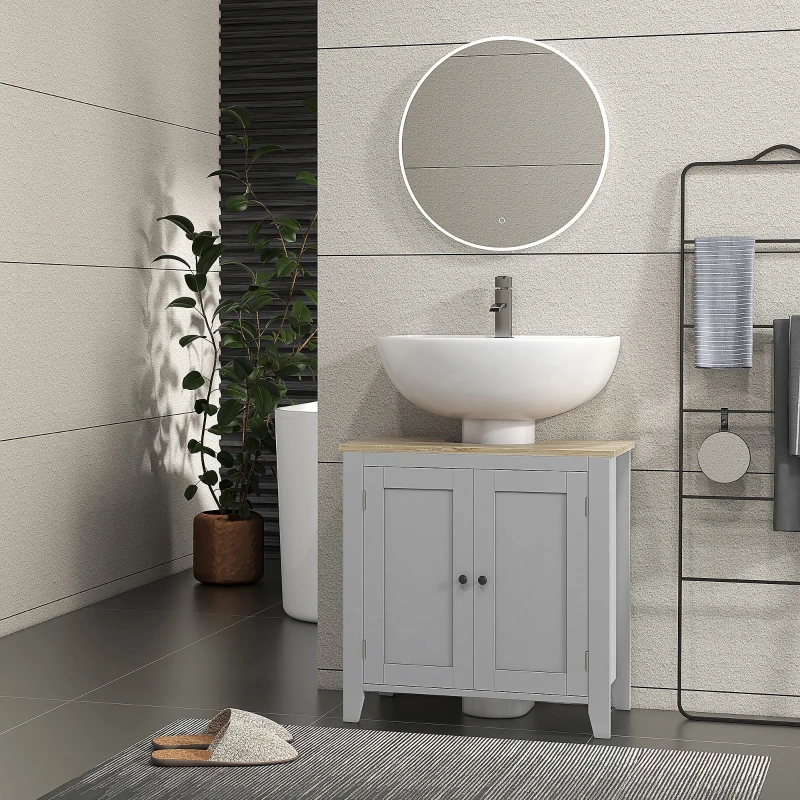 kleankin Bathroom Vanities, Pedestal Sink Cabinet with U-Shaped Cut-out and Adjustable Shelf, Gray