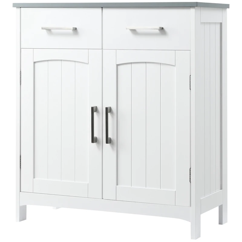 kleankin Bathroom Floor Cabinet, Freestanding Linen Cabinet, Storage Cabinet with 2 Drawers, Double Doors, Adjustable Shelf, White