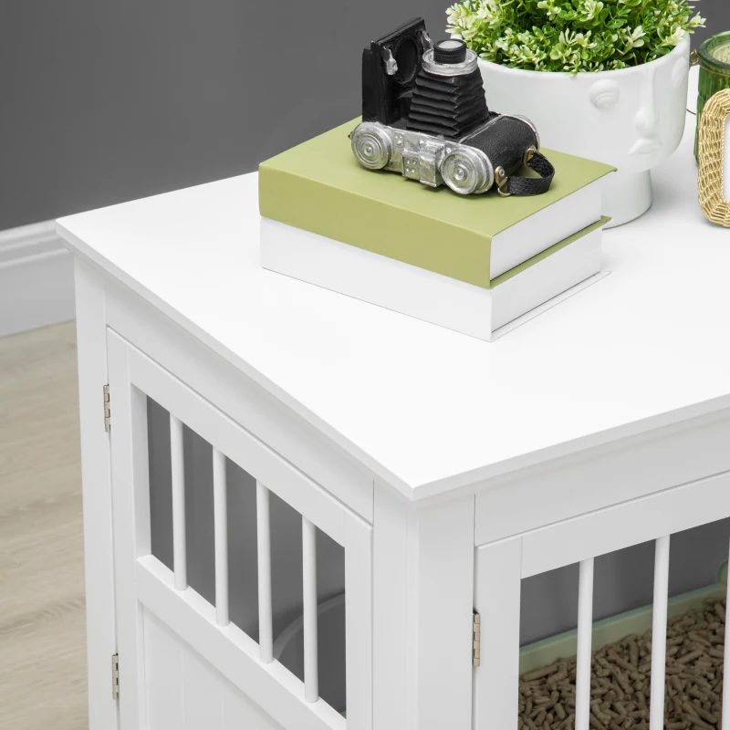 PawHut Wooden Dog Crate End Table, Dog Crate Furniture with Triple Doors, Puppy Crate for Small Dogs Indoor Use, White