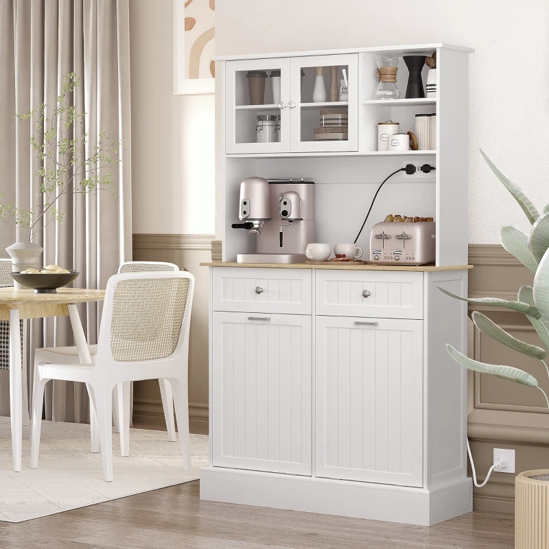 HOMCOM Kitchen Cabinet with Charging Station, 2 Tilt Out Cabinets, Microwave Stand, Freestanding Kitchen Pantry Cabinet, White