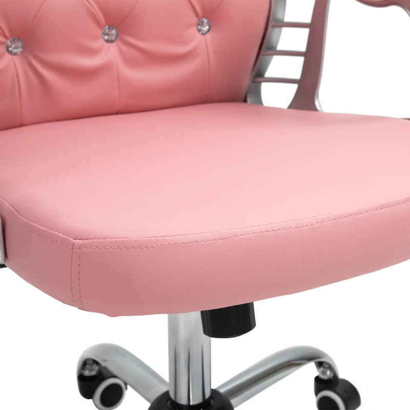 Vinsetto PU Leather Home Office Chair, Button Tufted Desk Chair with Padded Armrests, Adjustable Height and Swivel Wheels, Pink