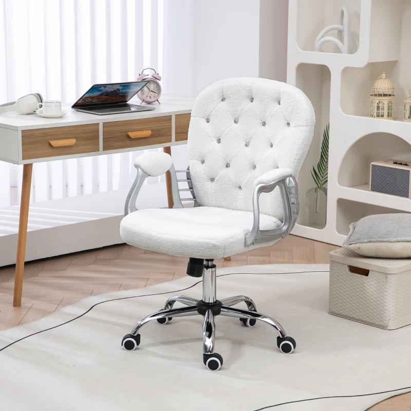 Vinsetto Button Tufted Desk Chair, Home Office Chair with Padded Armrests, Adjustable Height and Swivel Wheels, White